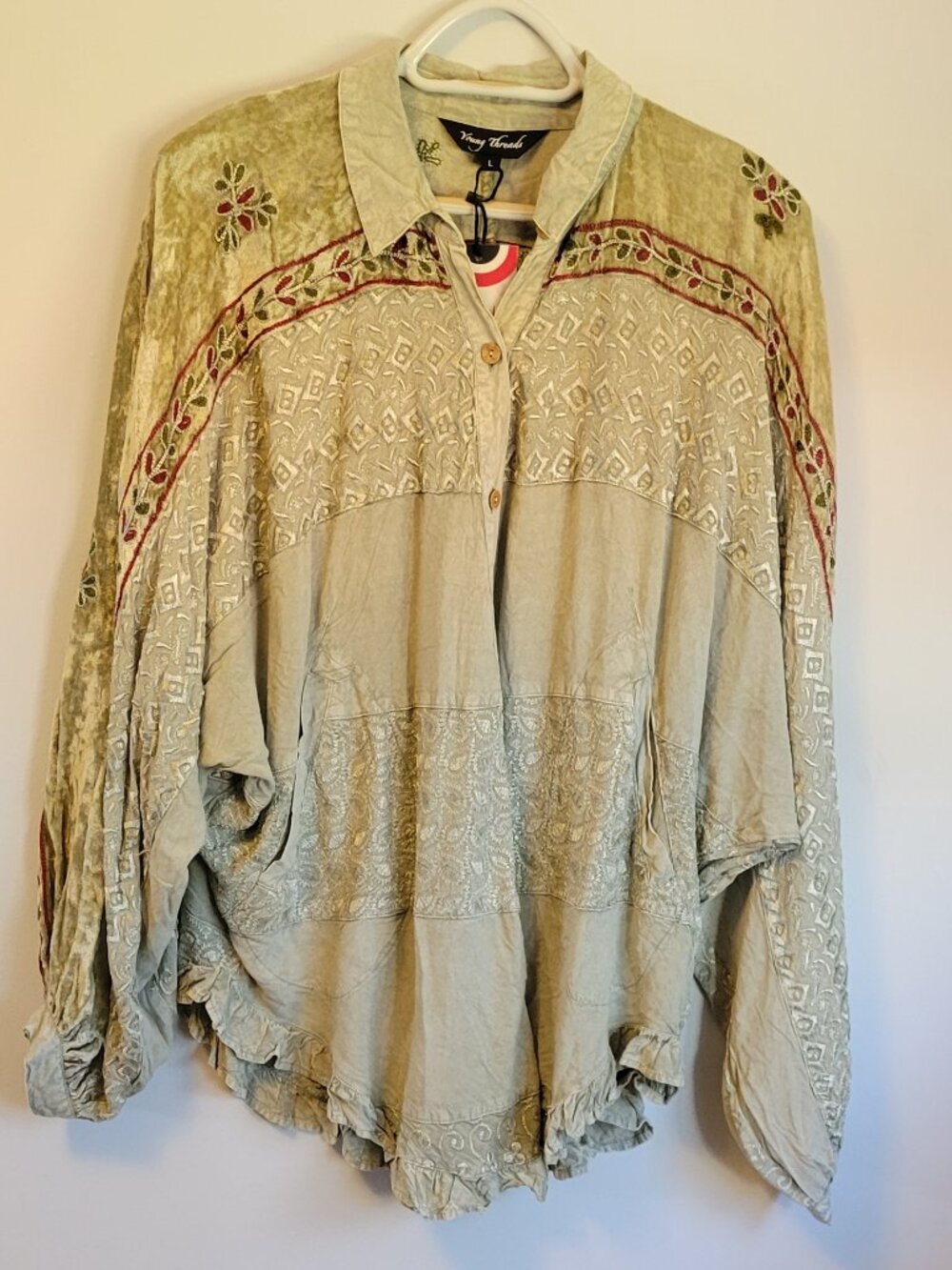 NWT Beautiful Embroidered Sage Green Boho-Cowgirl Dolman Sleeve Blouse/Cover up